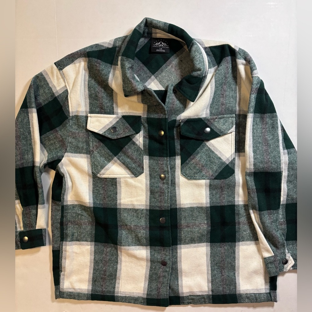 HFX women’s Large Black Plaid Shacket Flannel Snap Button-Up Outdoor Collar